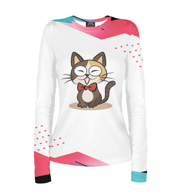 Женский лонгслив с притом Котик с бабочкой цвета Белый Женский лонгслив с изображением Котик с бабочкой цвета Белый
