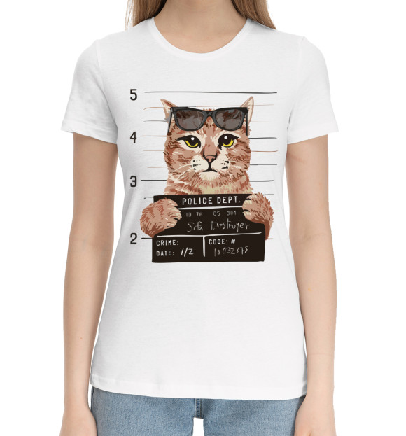 Женская хлопковая футболка с изображением Кота замели цвета Белый