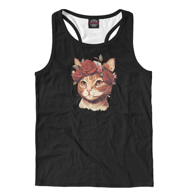 Мужская майка-борцовка с изображением Кошка с цветами цвета Белый