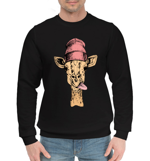 Мужской хлопковый свитшот с изображением Жираф дразнит языком цвета Черный