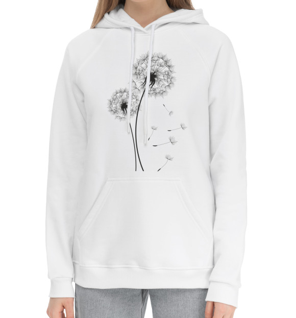 Женский хлопковый худи с изображением Одуванчики цвета Белый