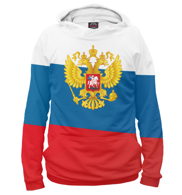 Худи для мальчика с изображением Триколор Герб России цвета Белый