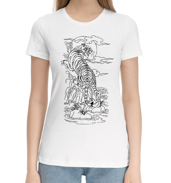 Женская хлопковая футболка с изображением Tiger tattoo цвета Белый