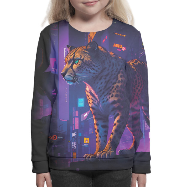 Свитшот для девочек с изображением Гепард на фоне города цвета Белый