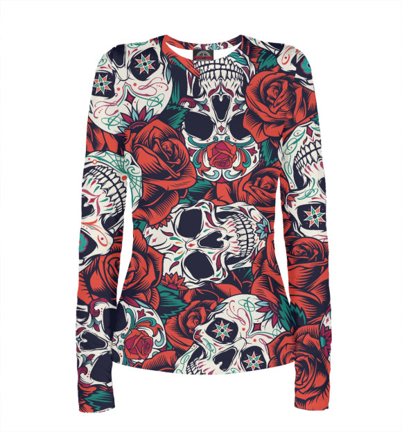 Женский лонгслив с изображением ЦВЕТОЧНЫЕ ЧЕРЕПА цвета Белый