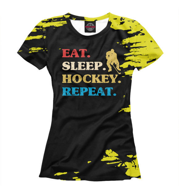Футболка для девочек с изображением Eat Sleep Hockey Repeat цвета Белый