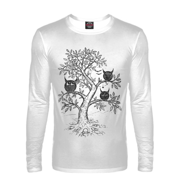 Мужской лонгслив с изображением Совята на дереве цвета Белый