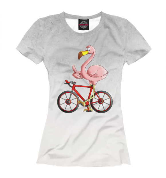 Женская футболка с изображением Flamingo Riding a Bicycle цвета Белый