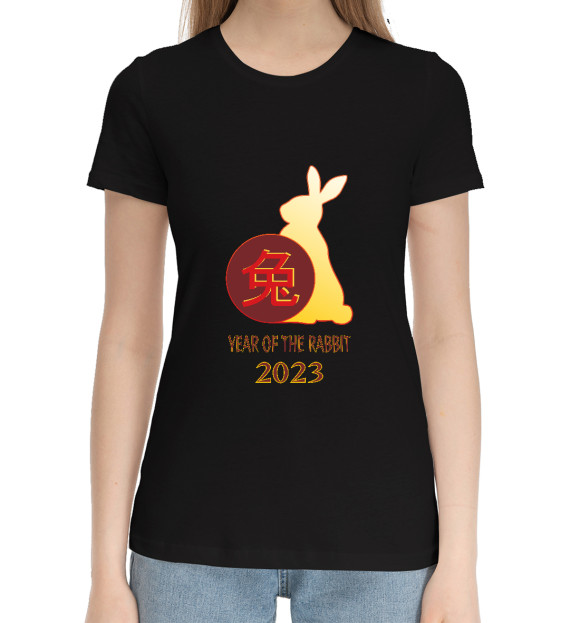 Женская хлопковая футболка с изображением Китайский кролик цвета Черный
