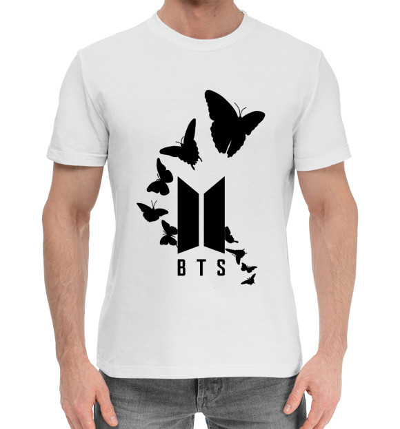 Мужская хлопковая футболка с притом BTS цвета Белый Мужская хлопковая футболка с изображением BTS цвета Белый