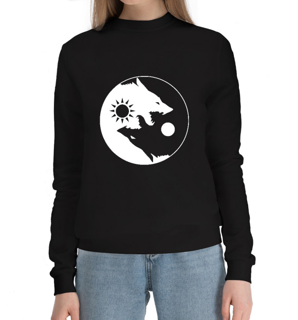 Женский хлопковый свитшот с изображением Волки (Инь-Янь) цвета Черный