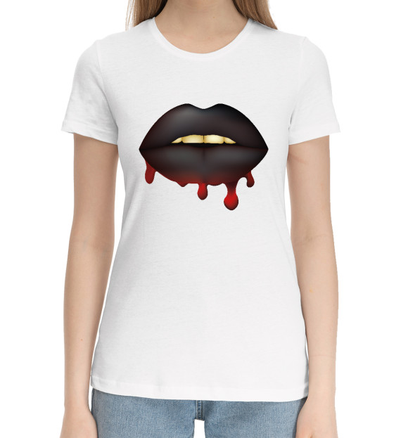 Женская хлопковая футболка с притом Черные губы цвета Белый Женская хлопковая футболка с изображением Черные губы цвета Белый