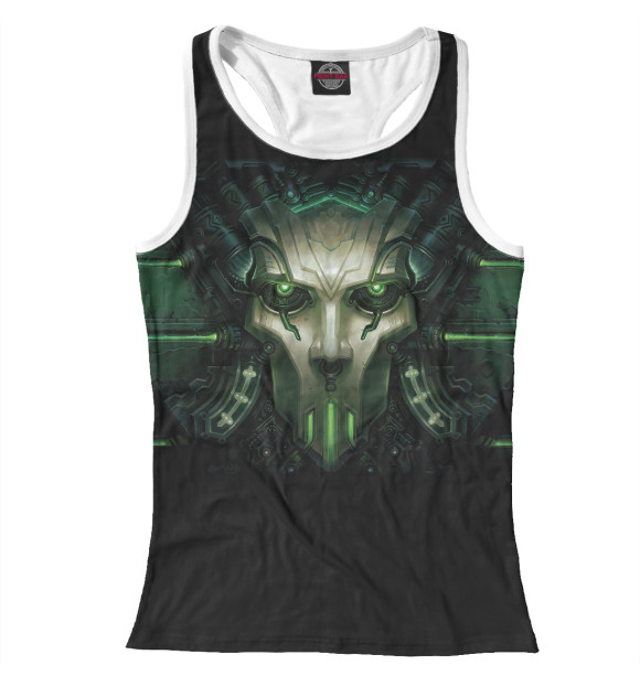 Женская майка-борцовка с изображением Голова киборга цвета Белый