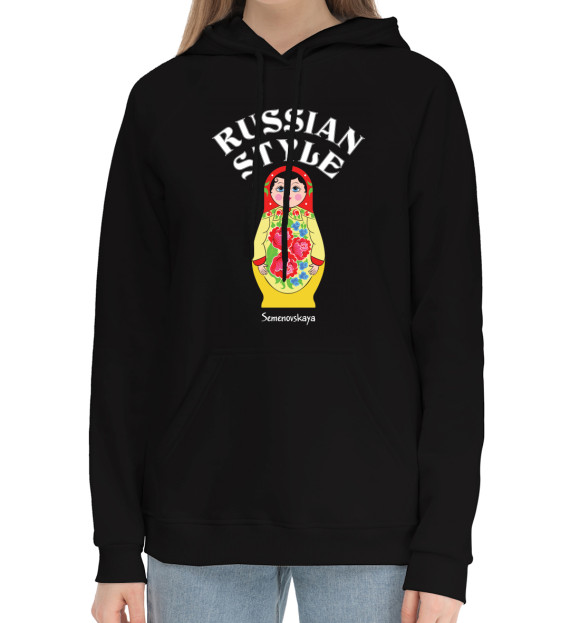 Женский хлопковый худи с притом Семеновская матрешка цвета Черный Женский хлопковый худи с изображением Семеновская матрешка цвета Черный