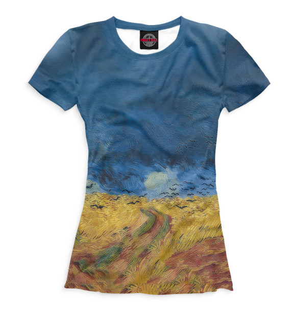 Женская футболка с изображением Пшеничное поле под грозовым небом цвета Белый