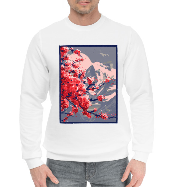 Мужской хлопковый свитшот с изображением Горный пейзаж Сакура цвета Белый