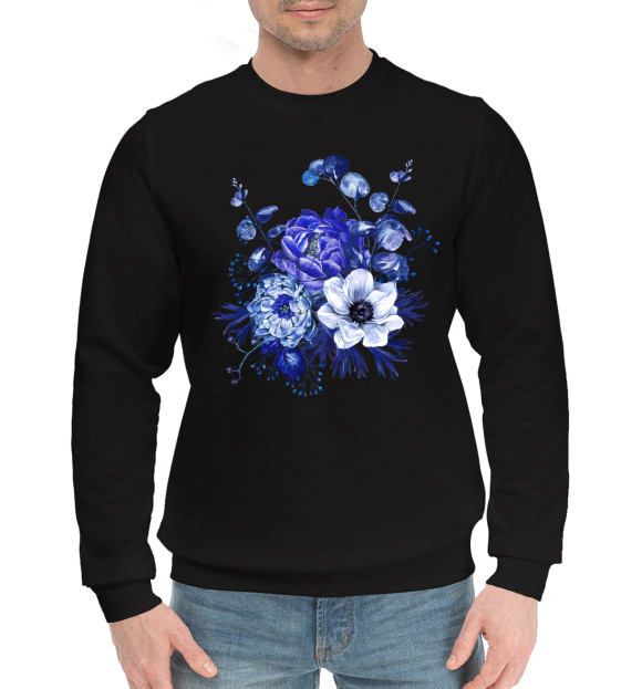 Мужской хлопковый свитшот с изображением Blue Flowers цвета Черный