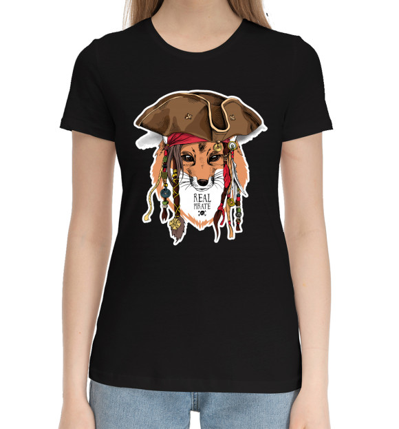 Женская хлопковая футболка с изображением Real pirate Fox цвета Черный