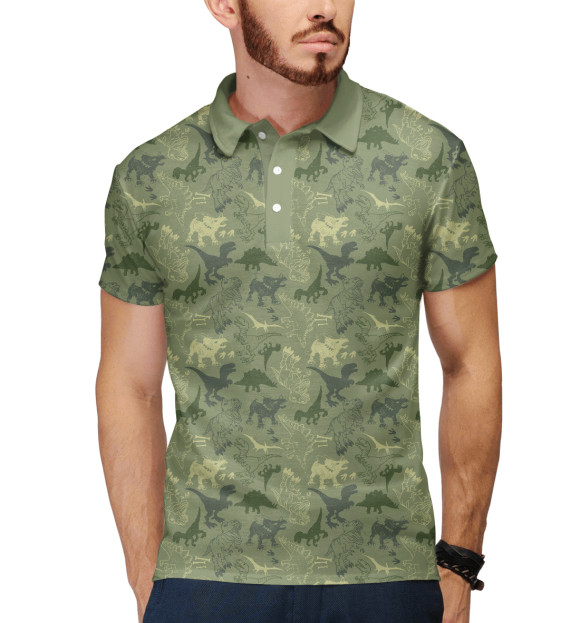 Мужское поло с изображением Динозавры (Хаки) цвета Белый