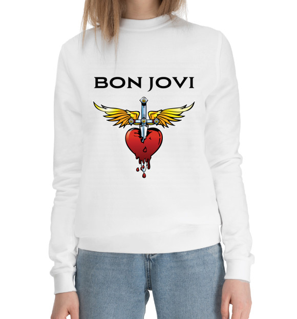 Женский хлопковый свитшот с изображением Bon Jovi цвета Белый