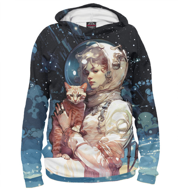 Худи для девочки с изображением Девушка космонавт с рыжим котом цвета Белый