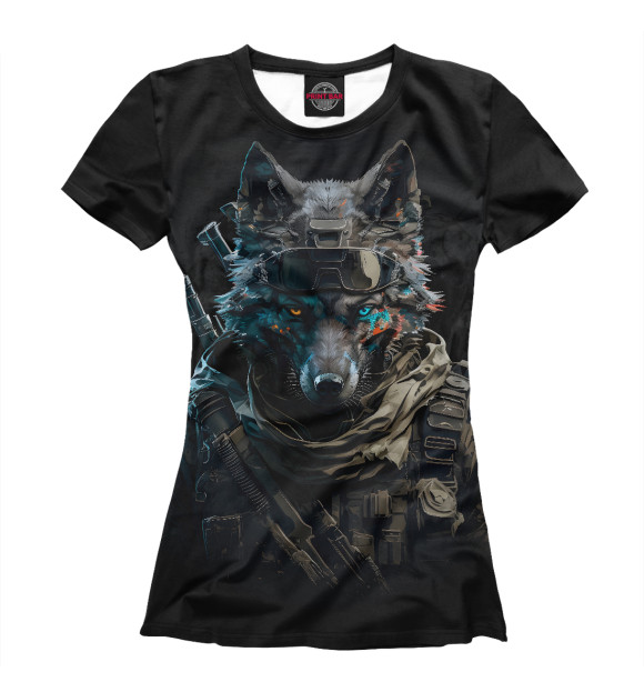 Женская футболка с изображением Волк - солдат на черном фоне цвета Белый