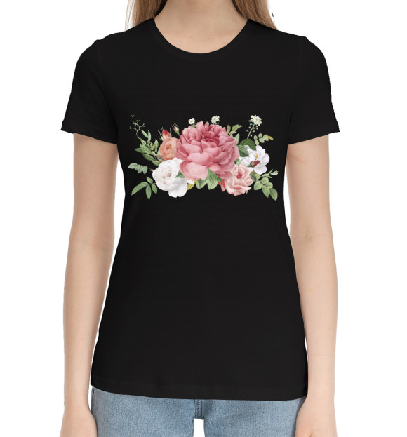 Женская хлопковая футболка с изображением Цветы цвета Черный