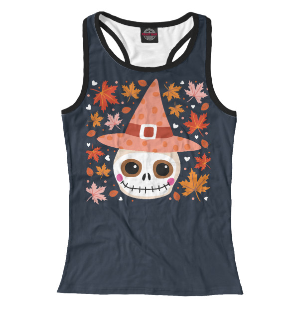 Женская майка-борцовка с изображением Череп в шляпе ведьмы цвета Белый