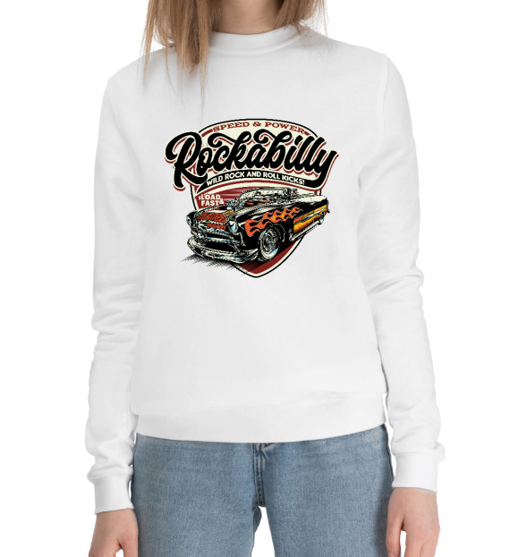 Женский хлопковый свитшот с изображением Rockabilly Car цвета Белый