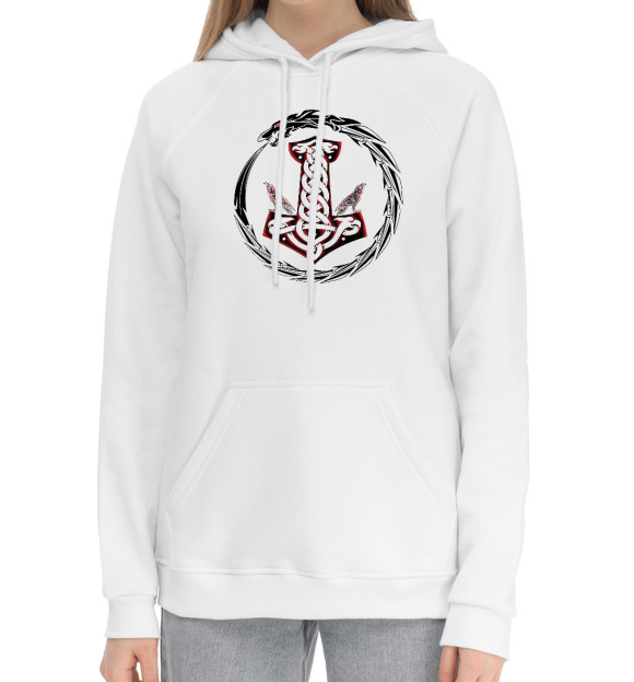 Женский хлопковый худи с изображением Молот Тора в кольце цвета Белый
