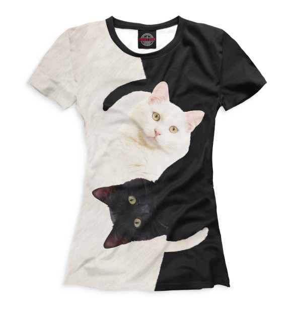 Футболка для девочек с изображением Чёрный и белый кот цвета Белый