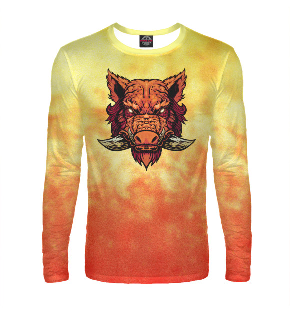 Мужской лонгслив с изображением Огненный дикий кабан цвета Белый