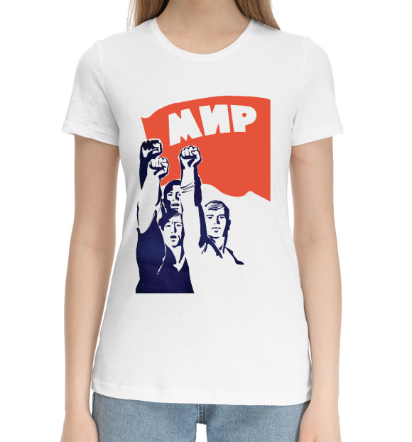 Женская хлопковая футболка с изображением МИР цвета Белый