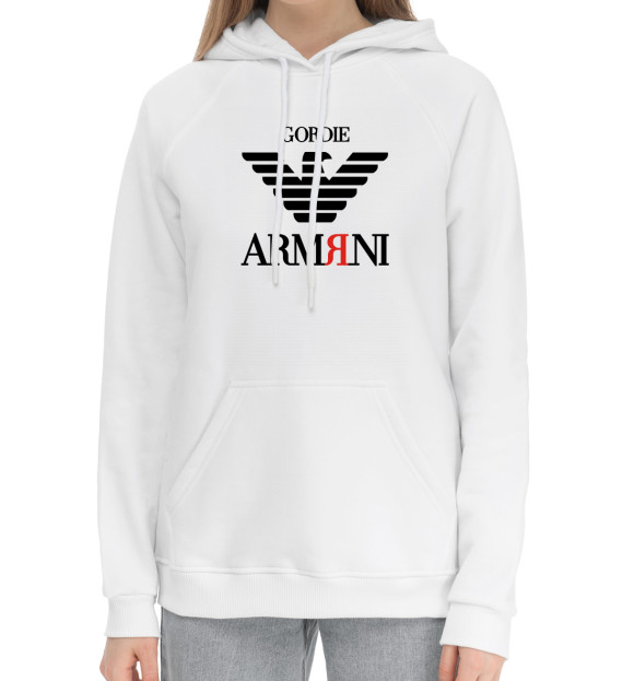 Женский хлопковый худи с изображением ARMЯNI цвета Белый