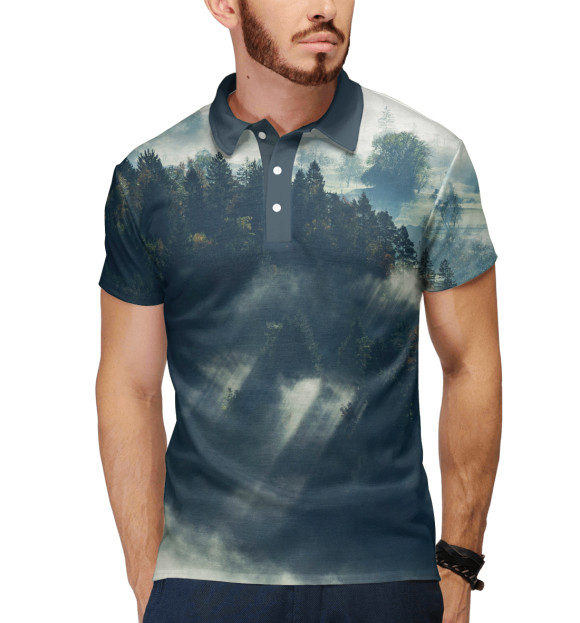 Мужское поло с притом Туманный лес. Лучи солнца цвета Белый Мужское поло с изображением Туманный лес. Лучи солнца цвета Белый