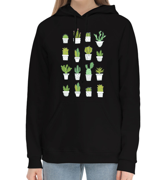 Женский хлопковый худи с изображением Кактусы цвета Черный