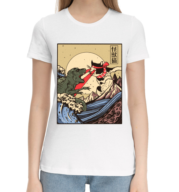 Женская хлопковая футболка с изображением Japan Catzilla vs Godzilla цвета Белый
