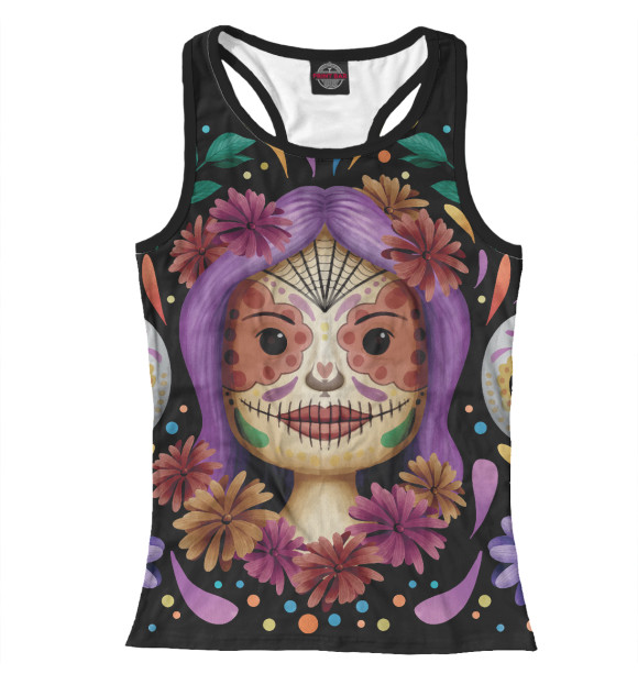 Женская майка-борцовка с притом День мертвых (узоры) цвета Белый Женская майка-борцовка с изображением День мертвых (узоры) цвета Белый