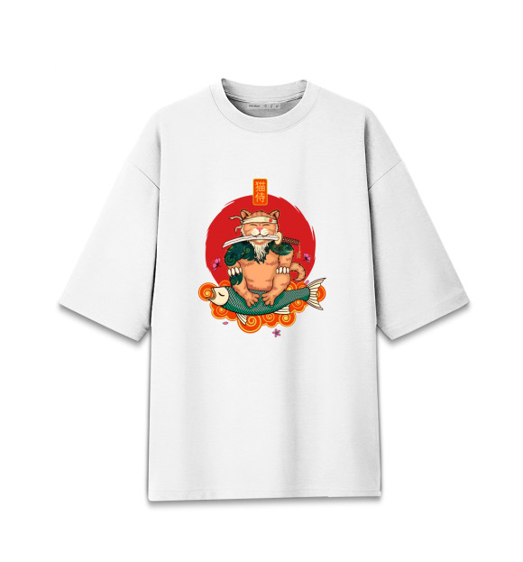 Мужская футболка оверсайз с изображением Кот самурай цвета Белый