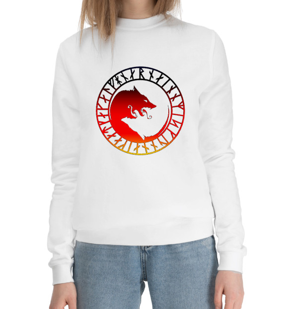 Женский хлопковый свитшот с изображением Волк Фенрир и руны цвета Белый