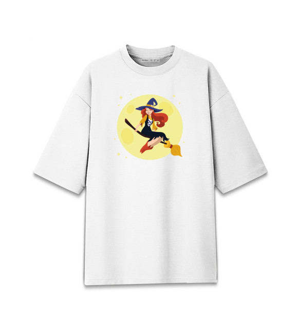 Женская футболка оверсайз с притом Ведьмочка цвета Белый Женская футболка оверсайз с изображением Ведьмочка цвета Белый