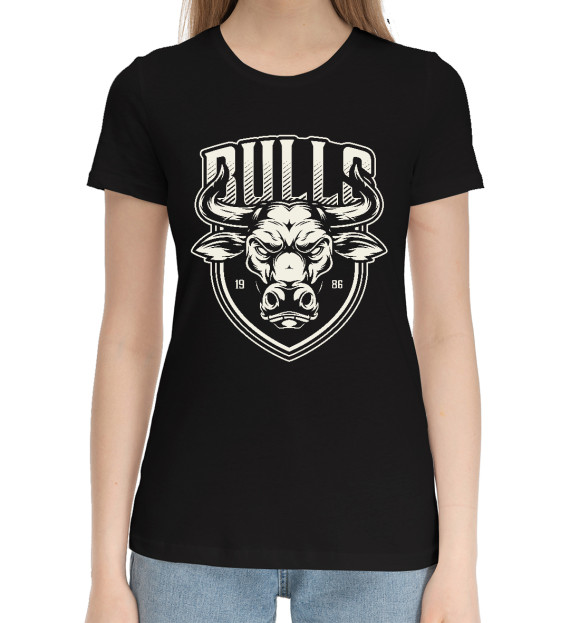 Женская хлопковая футболка с изображением БЫКИ цвета Черный
