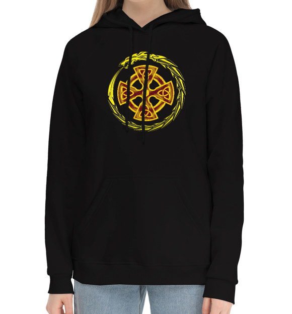 Женский хлопковый худи с изображением Кельтский крест на чёрном цвета Черный
