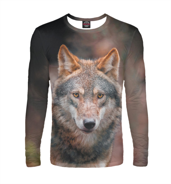 Мужской лонгслив с изображением Серый волк в лесу цвета Белый