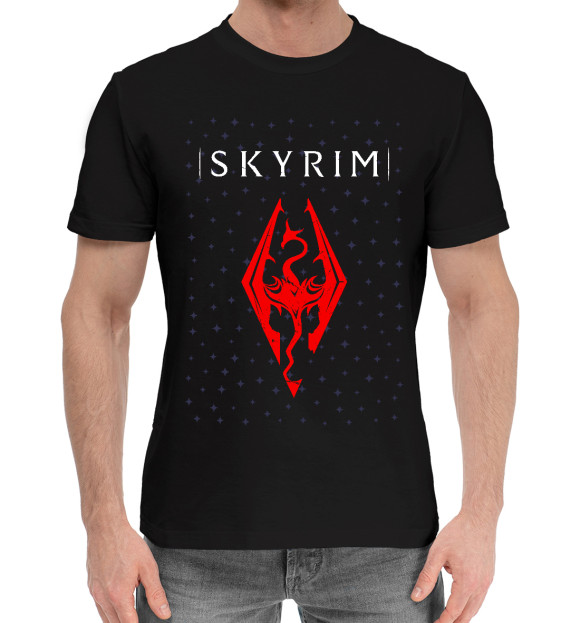 Мужская хлопковая футболка с изображением Скайрим + Космос цвета Черный
