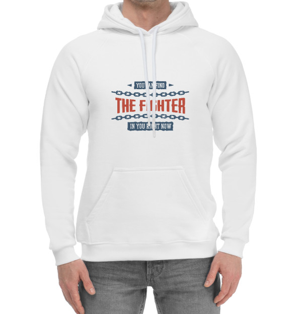 Мужской хлопковый худи с изображением THE FIGHTER цвета Белый