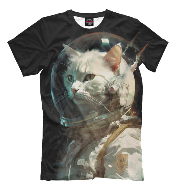 Мужская футболка с изображением Белый пушистый кот космонавт цвета Белый