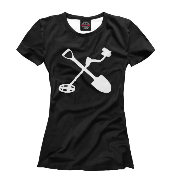 Женская футболка с изображением Металлоискатель и лопата цвета Белый