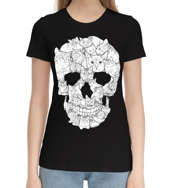 Женская хлопковая футболка с изображением Коточереп цвета Черный