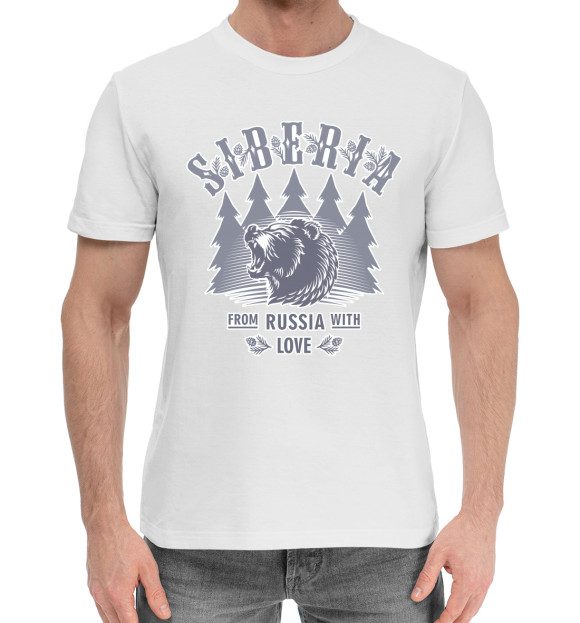 Мужская хлопковая футболка с изображением Русский Медведь цвета Белый